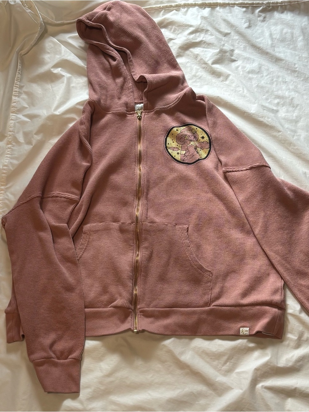 Disney Dusty Rose Waffle Zip Hoodie with Floral Patch